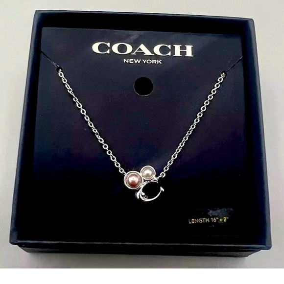 COACH Signature Sculpted C Pendant Silver Necklace with Cluster Pearls 16” + 2” - Picture 1 of 5